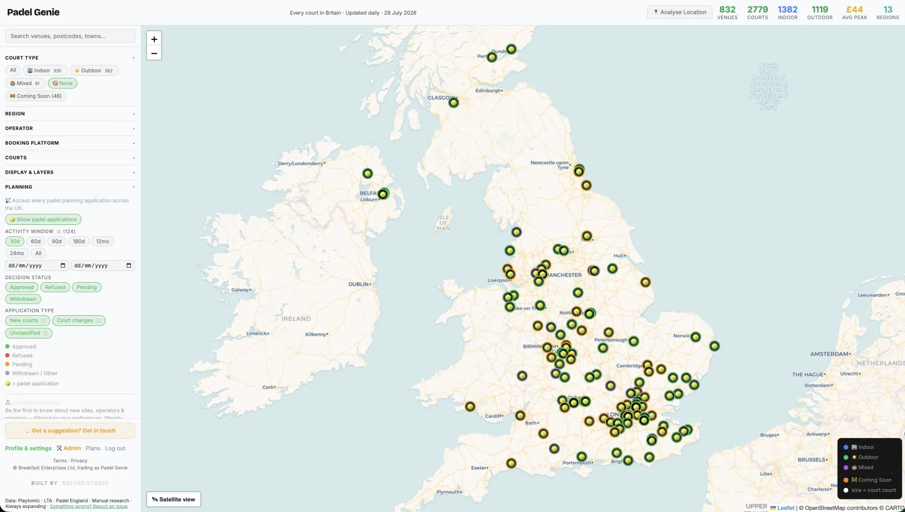 The Padel Genie map showing every padel planning application submitted across the UK in the last 30 days, colour-coded by decision status.