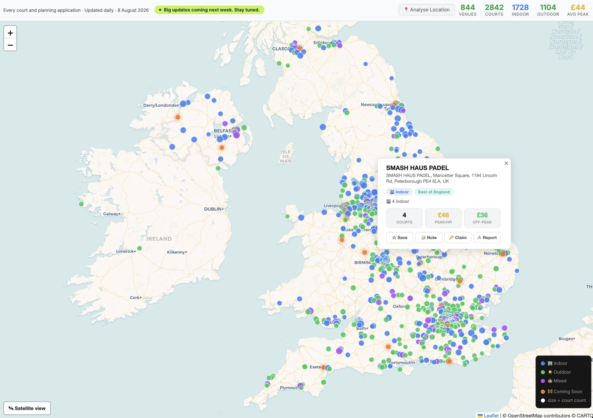 The Padel Genie map — every padel court in Britain, with a venue's court count and peak and off-peak pricing open
