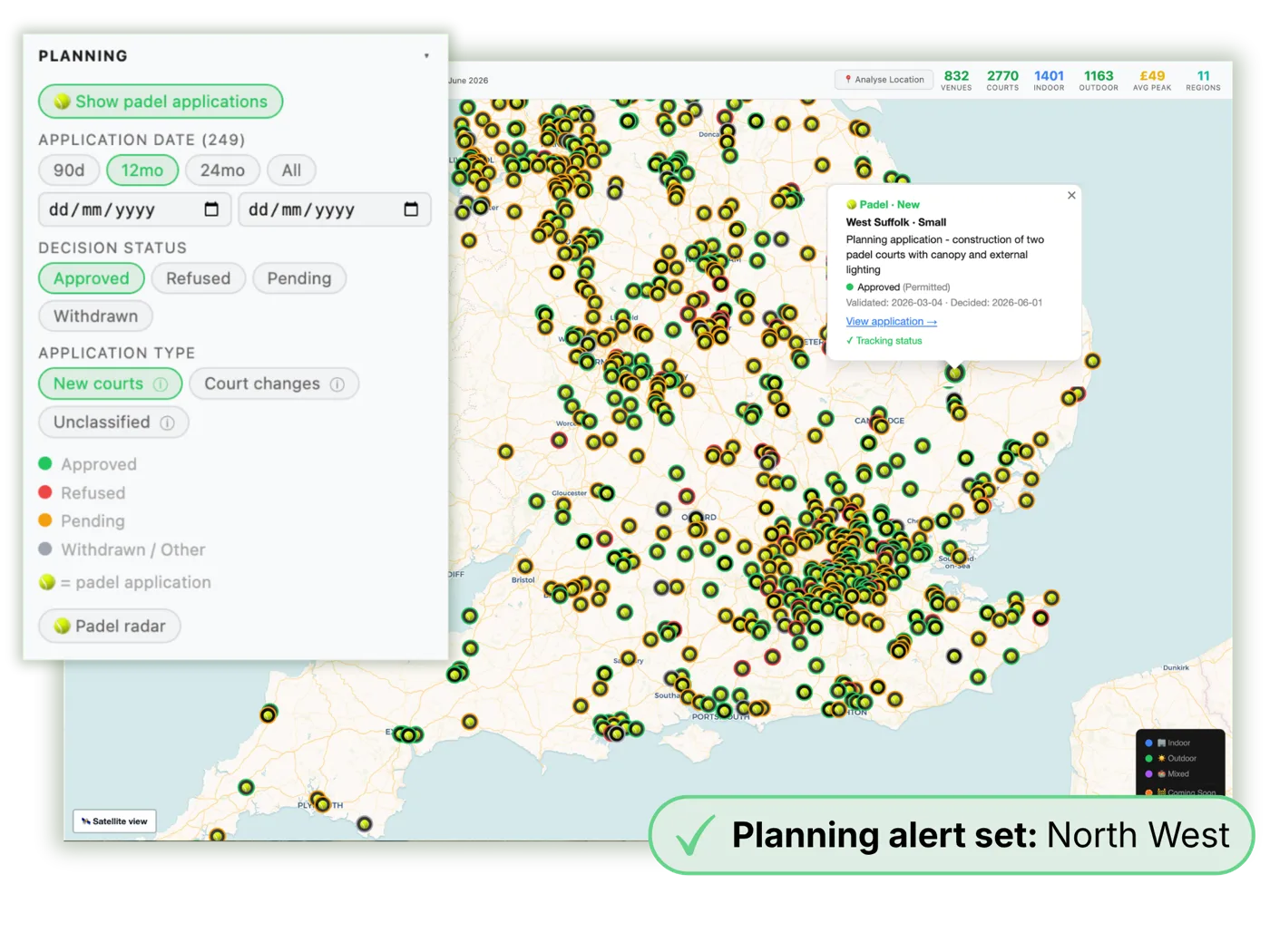 Planning radar — every padel planning application in the UK