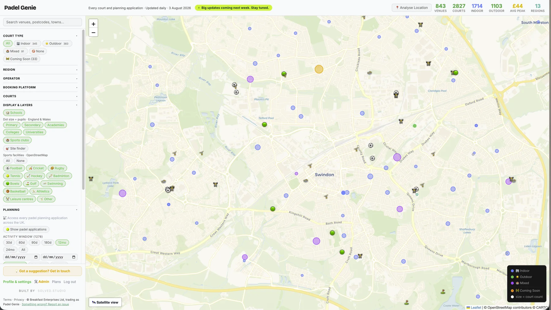 Padel Genie map of Swindon with the schools and sports-club layers switched on alongside padel venues and planning applications.