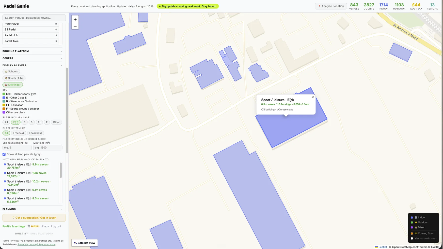 Padel Genie Site Finder showing candidate buildings shaded by use class, with filters for use class, tenure, eaves height and floor size.